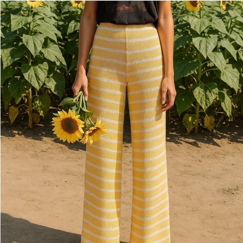 Zara Open Knit Striped Pants Yellow White Straight Leg Size Small - Picture 13 of 13